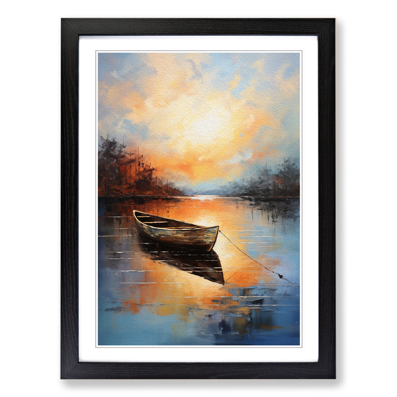 Boat on a Lake Action Painting - Framed Print, 46cm H x 34cm W x 2cm D, Black Framed