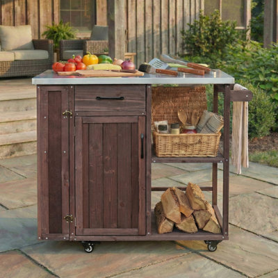 Outdoor Kitchen Island Cart With Stainless Steel Top, Fir Wood Prep Table With Lockable Wheels, Storage Shelf, Towel & Spice Rack For Patio