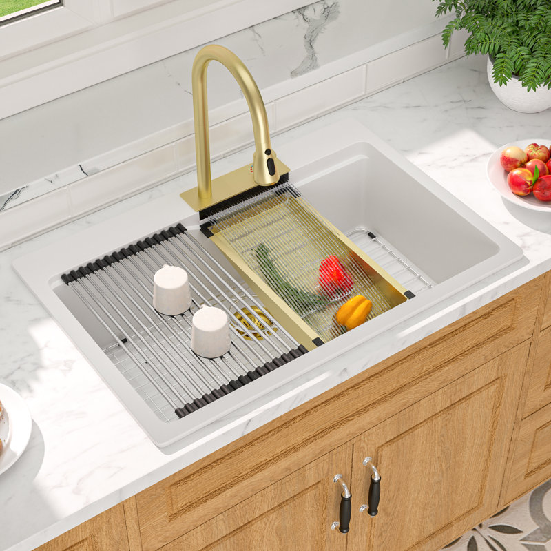 Évier de cuisine en quartz avec station de travail à cuve simple encastrable en quartz avec robinet, planche à découper et support à roulettes L 33 po x l 22 po Quartz