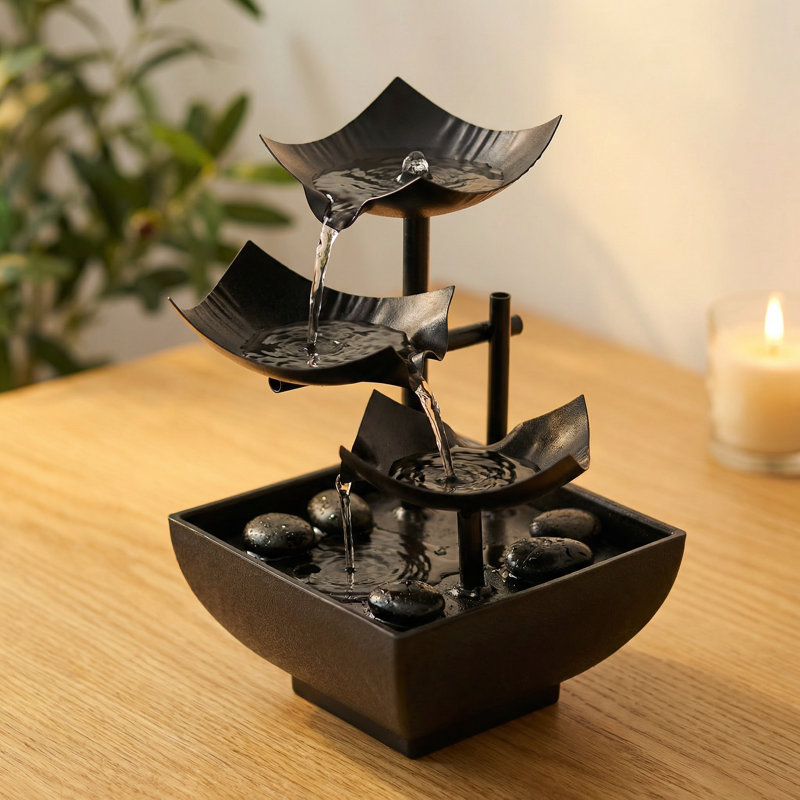 USB-Powered 3-Tier Black Cascade Tabletop Fountain with LED Light, Black