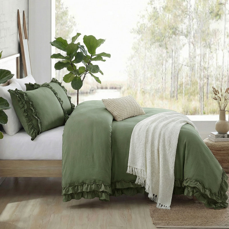 Ensemble de literie à housse de couette à volants et à volants, Housse de couette simple + 2 taies d'oreiller, Vert avocat