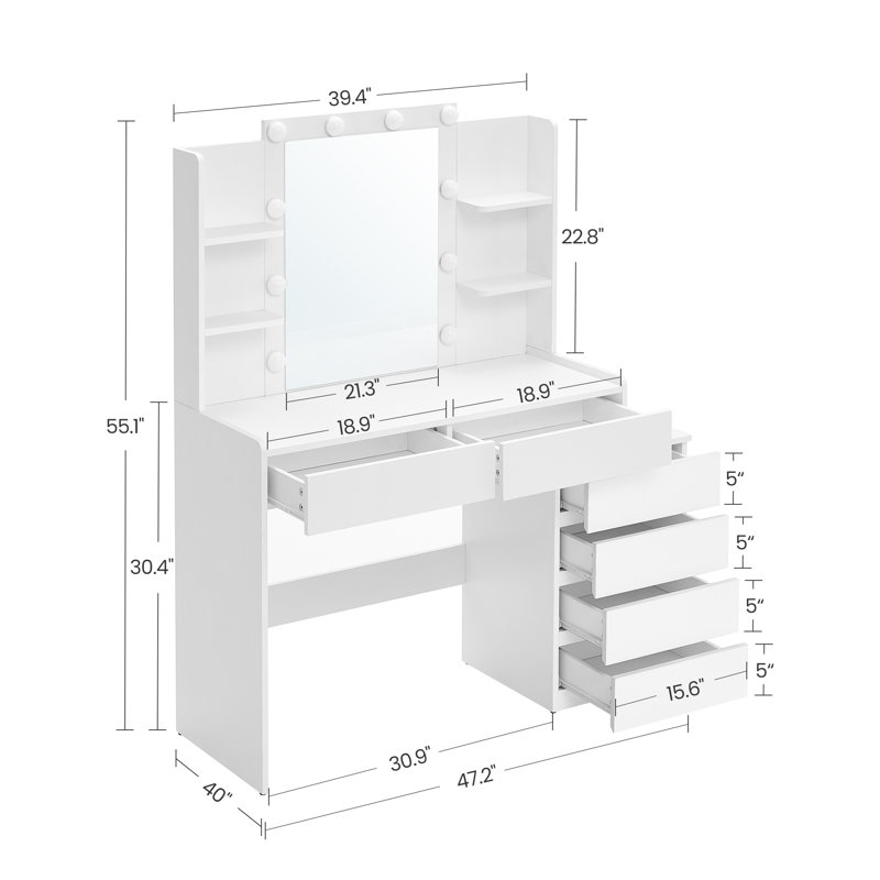 39.4'' Wide vanity with LED Lights, 6 Drawers, White