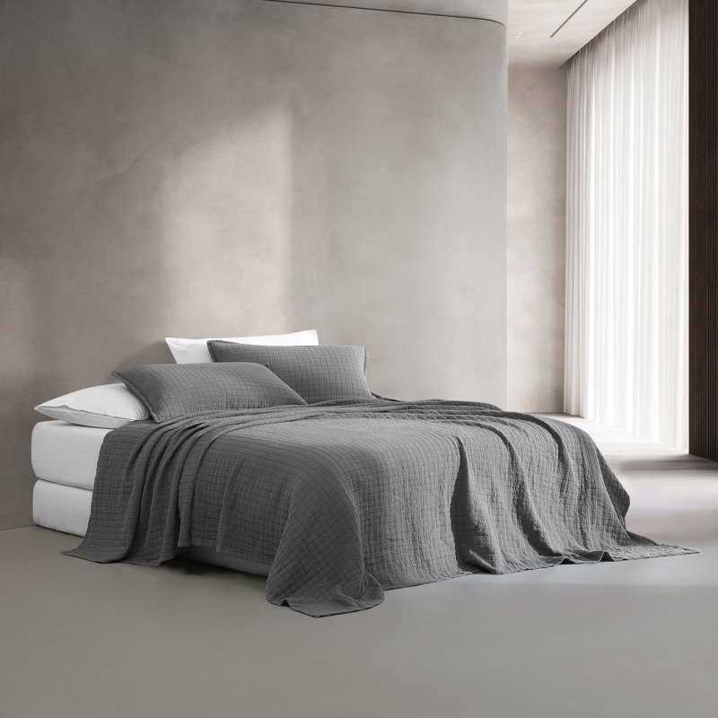 Calvin Klein Essential Garment Washed Solid Reversible Cotton Coverlet, Dark Gray, Queen Coverlet