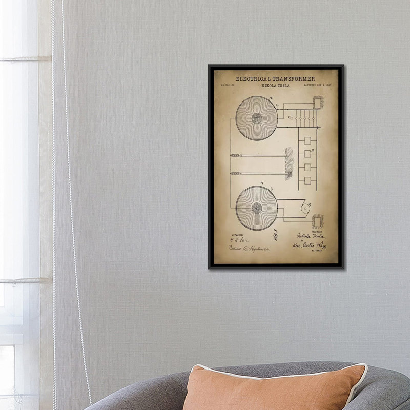 «Tesla Electric Transformer, Beige», impression sur toile, H 26 po x l 18 po x P 1,5 po, Toile avec cadre noir, Pas de tapis