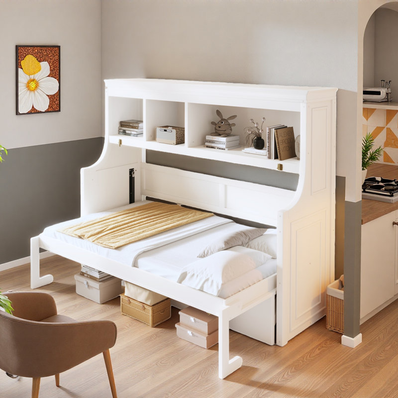 Lit escamotable intégré avec bureau et tablettes de rangement, Blanc