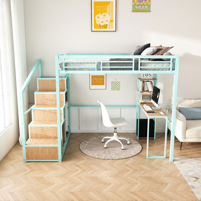 Lit mezzanine avec bureau, ports de charge et rangement - Métal robuste, ancrages basculants, convient aux dortoirs (structure en métal de l'armoire, escalier, supporte 350 lb)