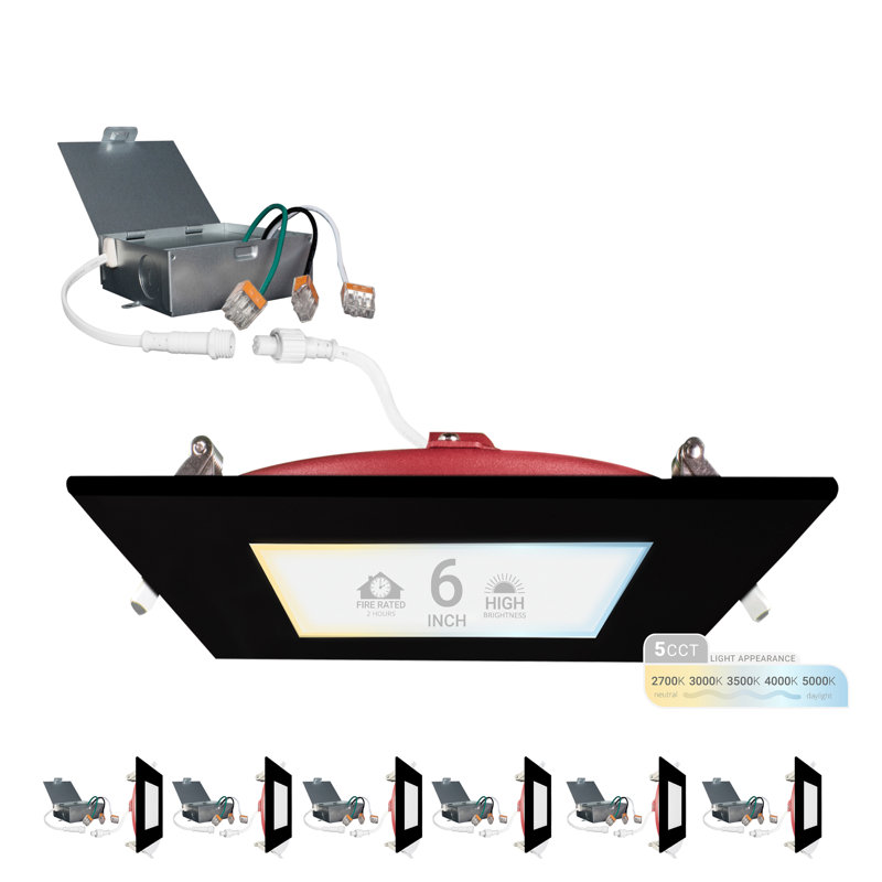 Luminaire encastré DEL NUWATT 6 pouces 2 heures FIRE, 2700K / 3000K / 3500K / 4000K / 5000K sélectionnable, 1200 lumens à intensité variable, homologué IC, encastré carré noir ultra-mince, pas de tenmat nécessaire, paquet de 6