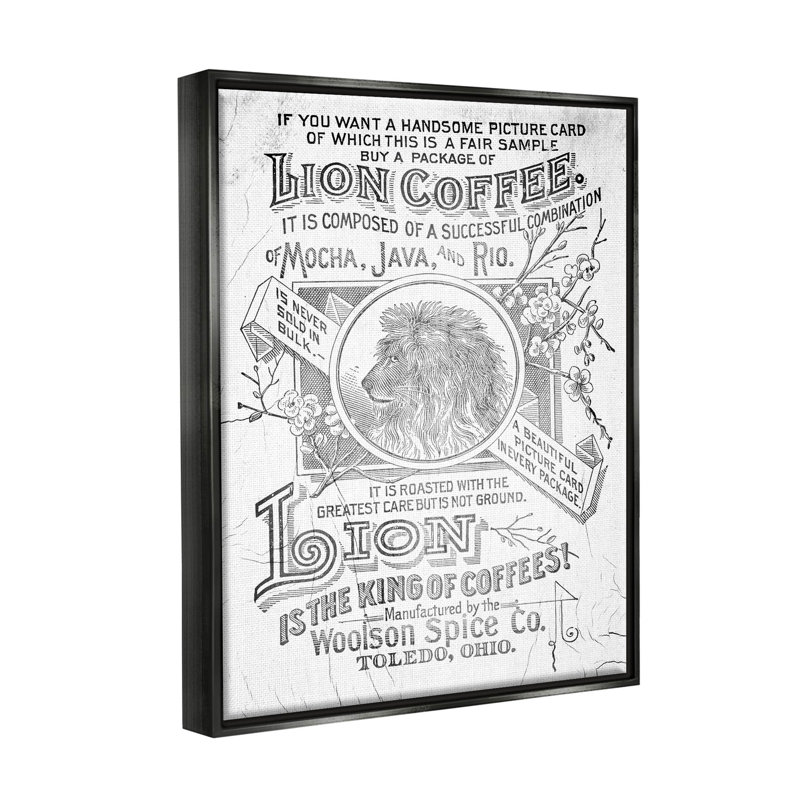 «Vintage Lion Coffee», affiche giclée par Lil 'Rue, H 21 po x l 17 po x P 1,7 po, Cadre flottant noir de jais