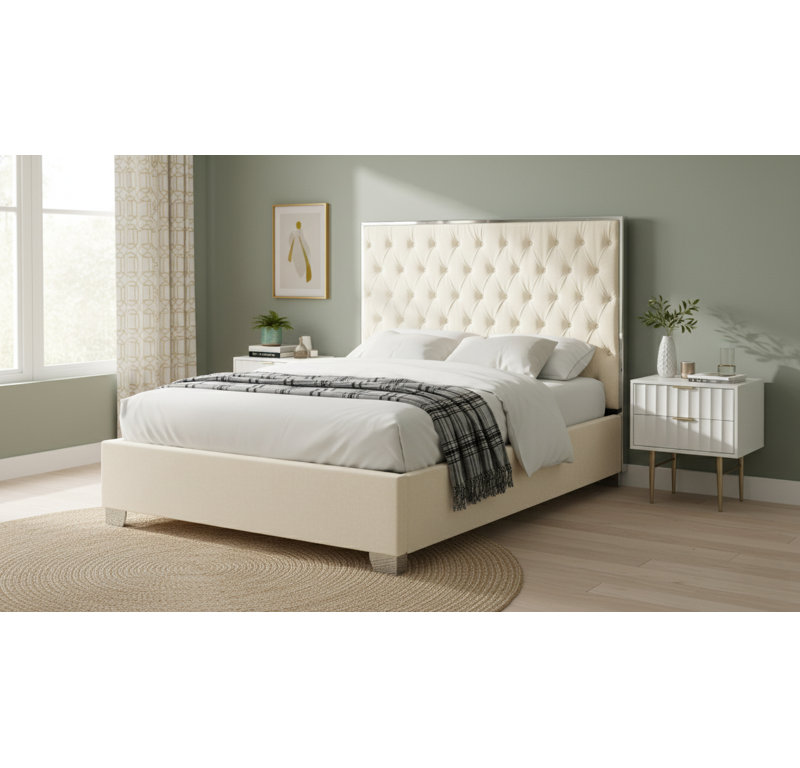 Spadaro Upholstered Platform Bed, White Velvet, Silver, Full
