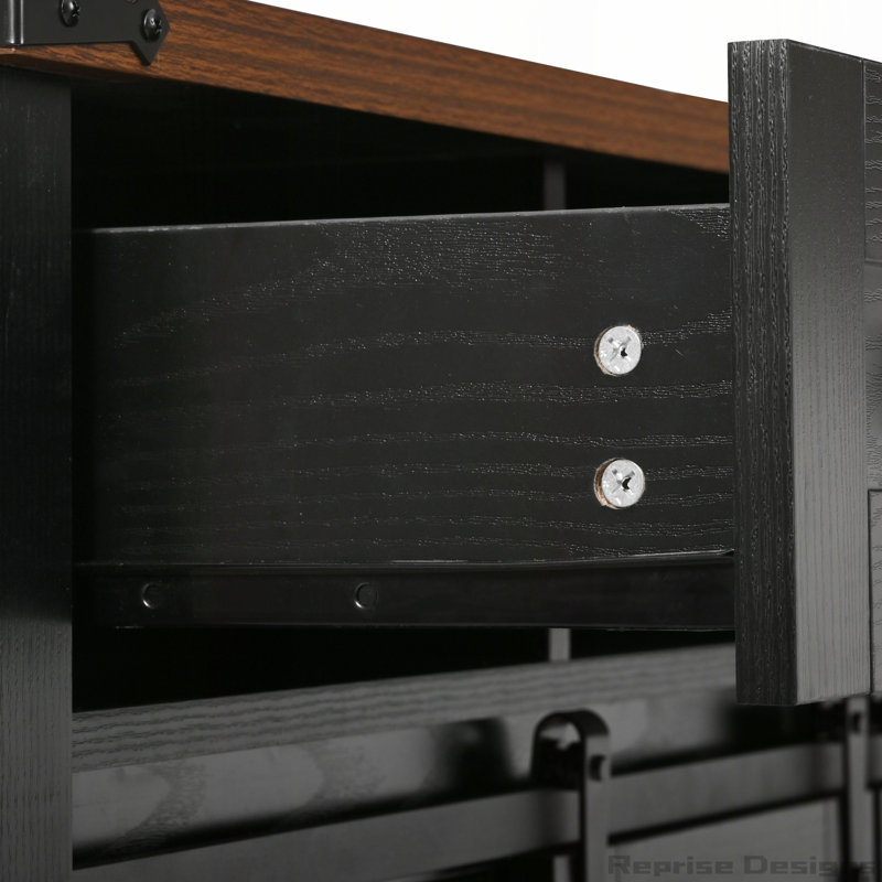 58" Farmhouse Kitchen Island With Storage, Sliding Barn Door And Metal Grid Side Door, Black