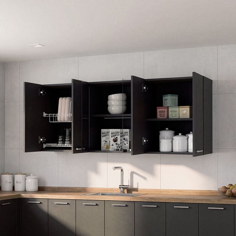 Armoire de cuisine murale Verona avec support à vaisselle et tablettes - Wengé, Noir