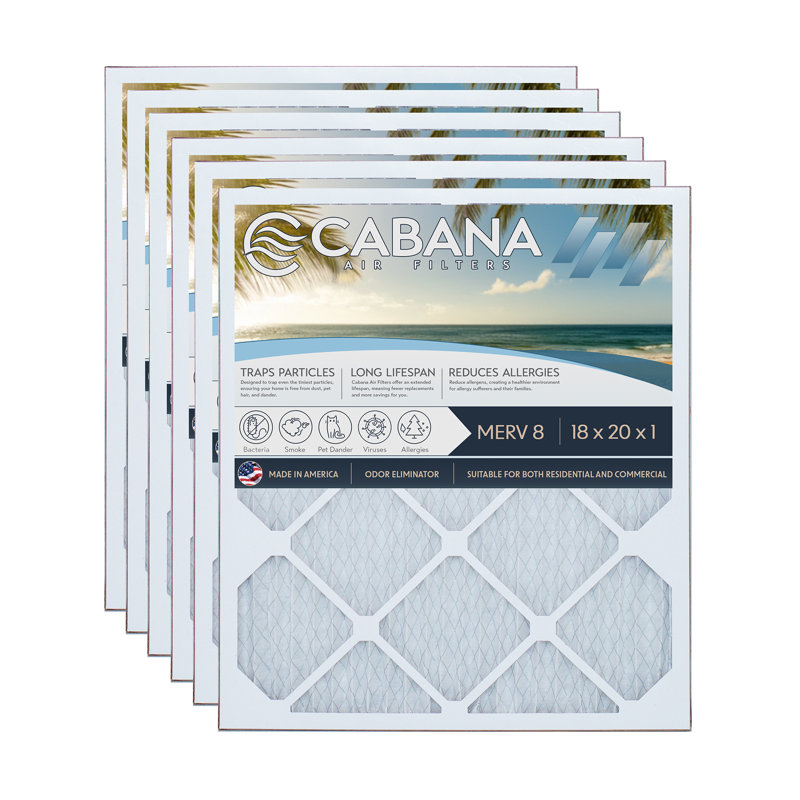 Cabana Air Filters 6 Pack HVAC Furnace Air Filters, MERV 8, 18 x 20 x 1, White, 20" H x 1" W x 18" D