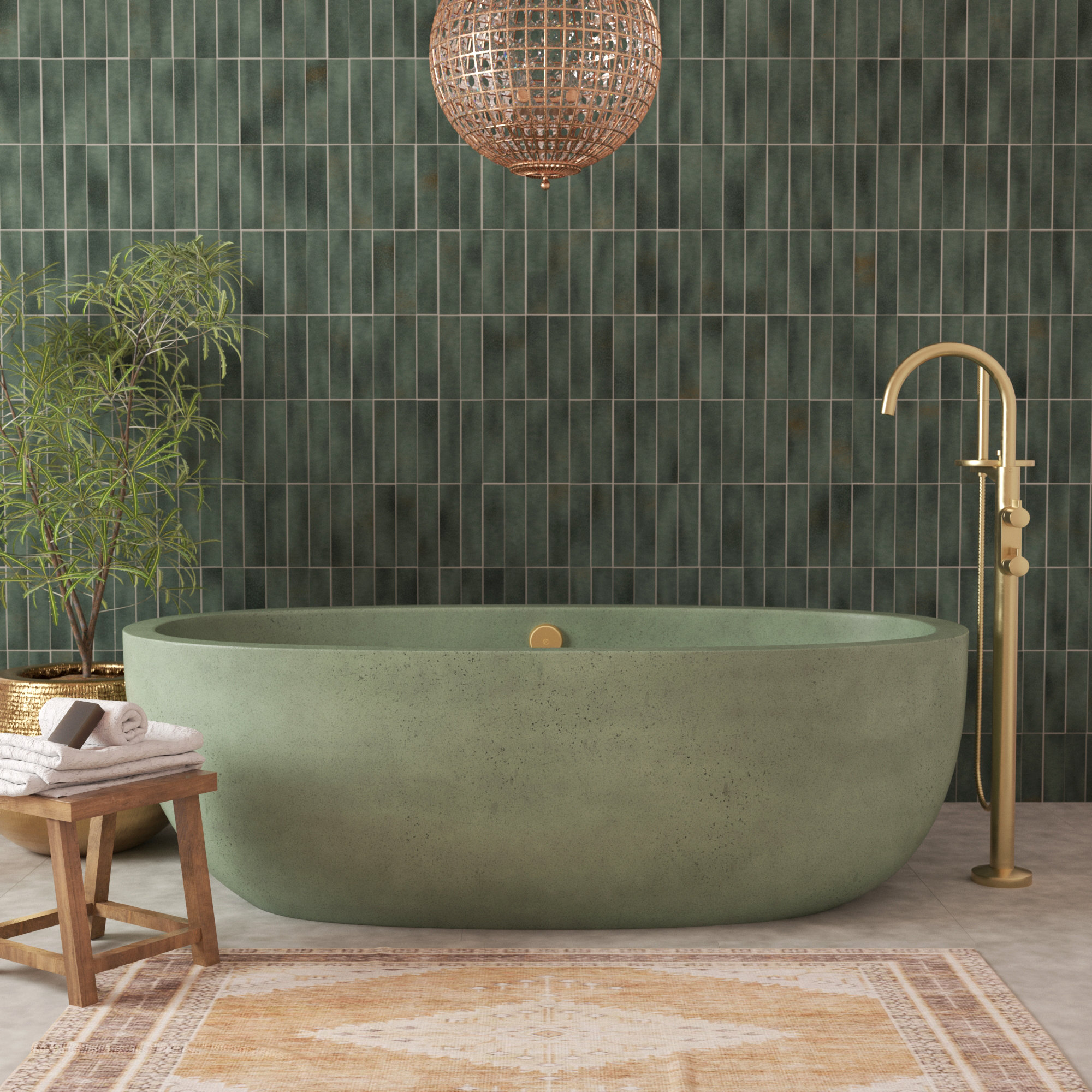 Avalon NativeStone Concrete Freestanding Oval Soaking Bathtub, Sage, 23" H x 36" W x 72" L