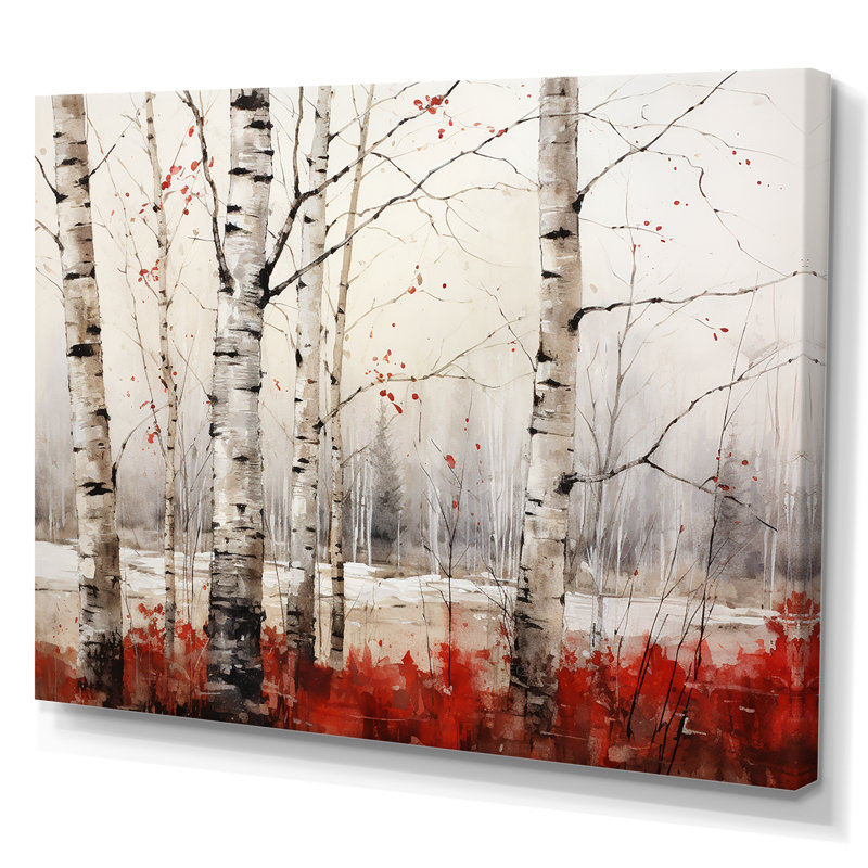 Impressions sur toile de bouleau blanc et rouge en hiver II, 34" H x 44" W, Toile tendue