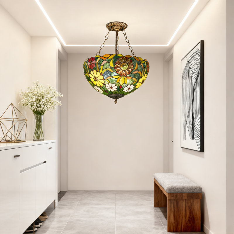 Plafonnier semi-encastré 3 lumières Tiffany, vitrail bronze