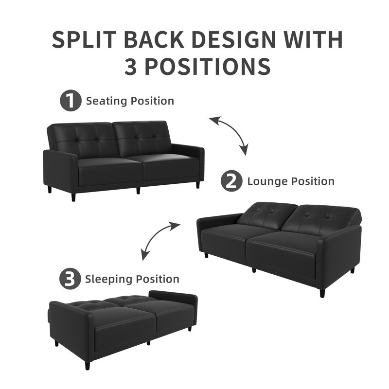 Loftus Twin 76'' Faux Leather Tufted Convertible Sofa (Set of 2), Black Faux Leather