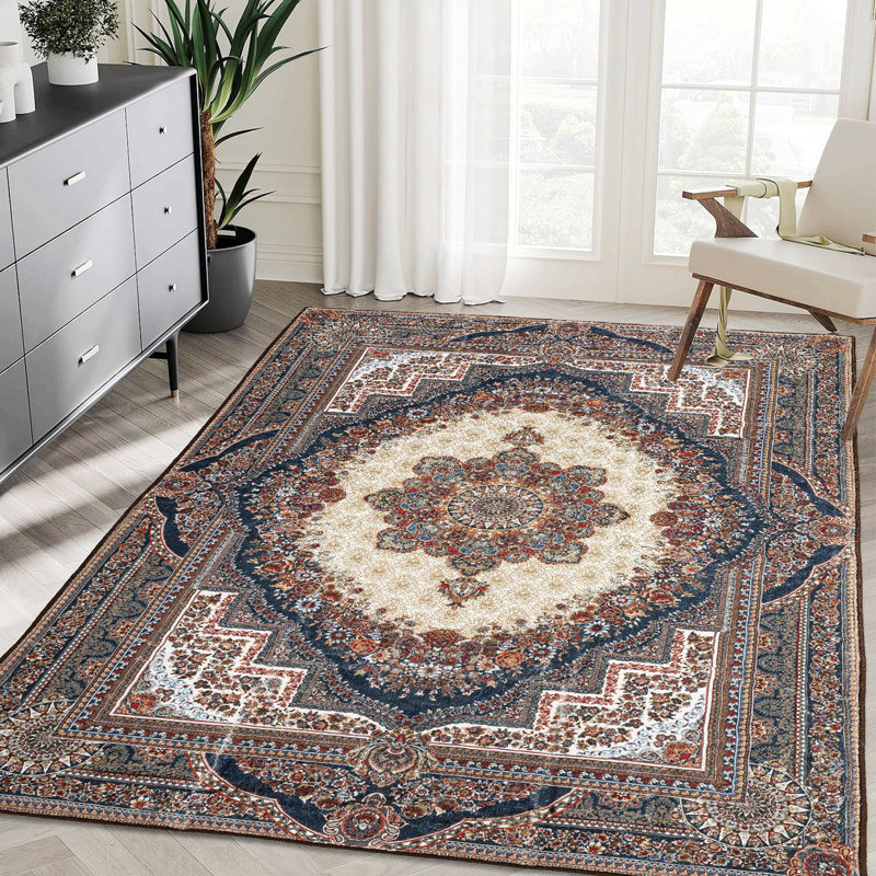 Area Rug,  Vintage Bohemia Large Persian Non-Slip Washable Rug For Living Room Kitchen Bedroom Living Room Flower Design Reddish Brown