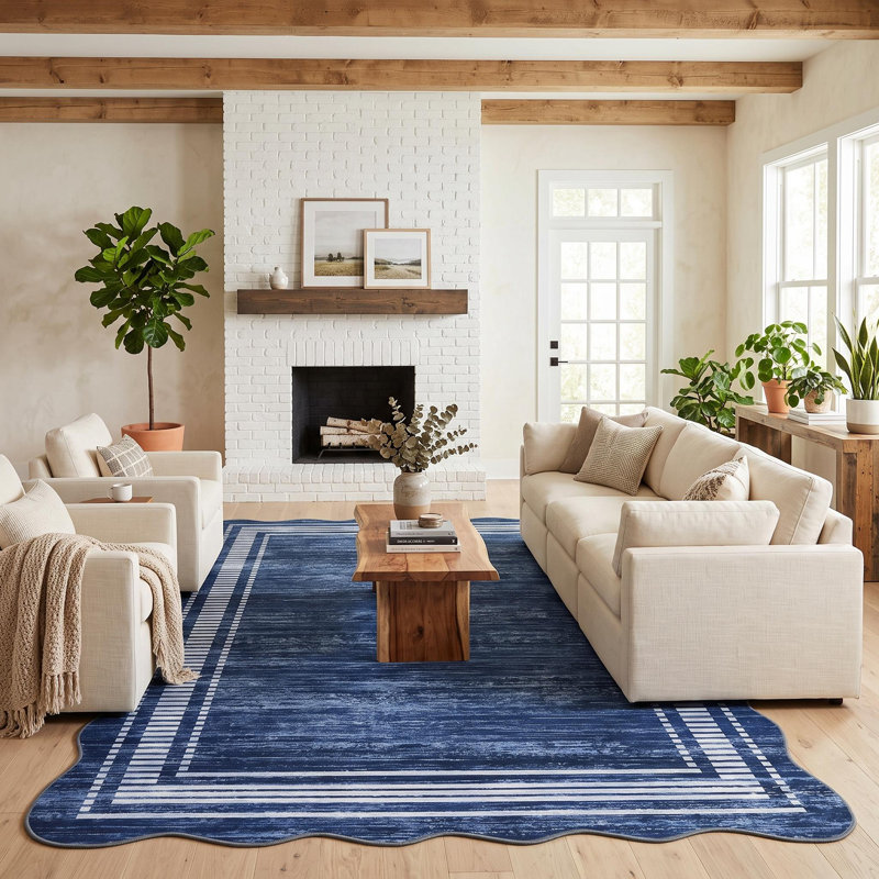 Tapis lavable moderne festonné pour salon, chambre à coucher, bureau, Marine, Rectangle 10 pi x 13 pi