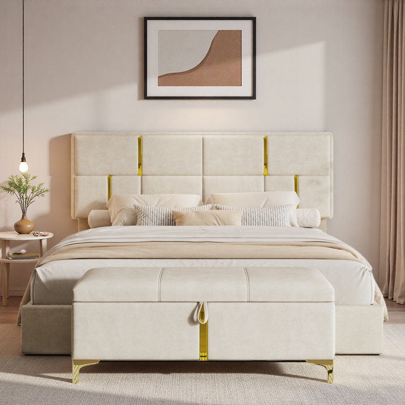 Ensemble de chambre à coucher 2 pièces avec lit plateforme tapissier et repose-pieds avec rangement, Beige