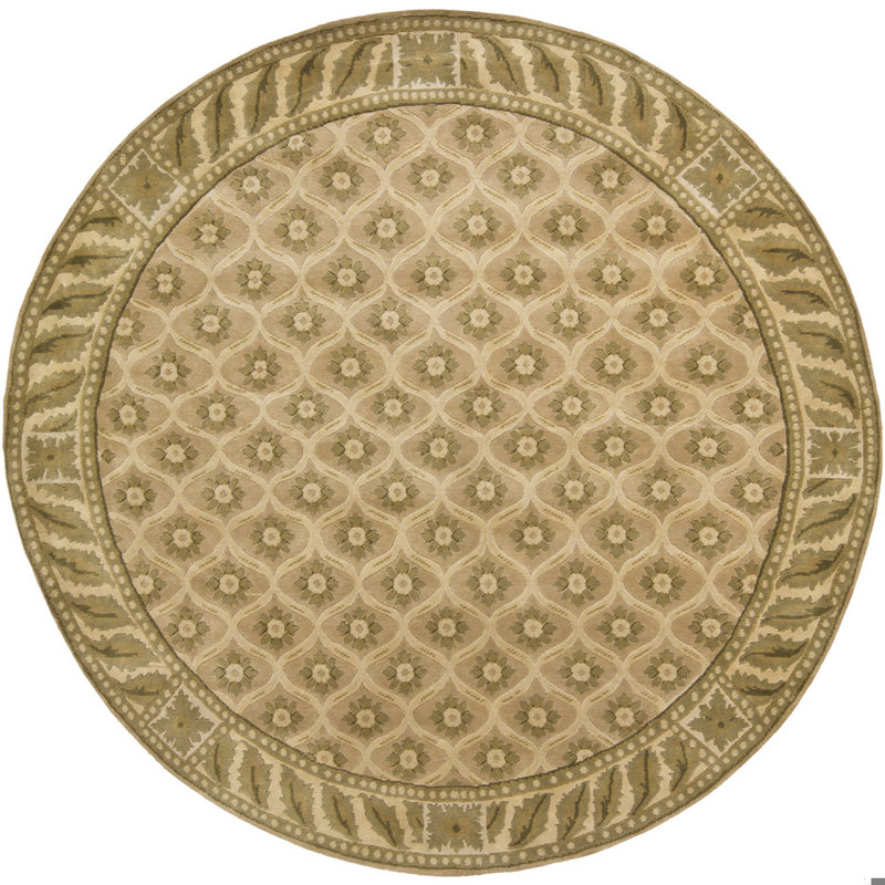 Tapis oriental en laine noué à la main brun, beige et ivoire Callida, Rond 7 pi 9 po, Brun, or, ivoire, vert, crème