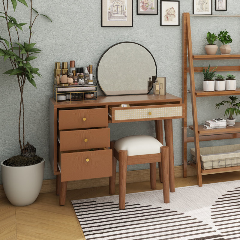 39" Retro Bohemian Style Wooden Makeup Vanity Set With Charging Plug&USB Port And Stool, Dressing Table With 3 Storage Drawers And 1 Rectangular Rattan Drawer