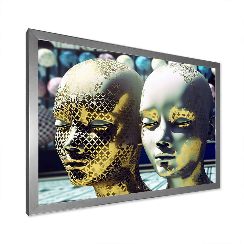 «Minimalisme Golden Sculpture Sci-Fi Woman» sur toile imprimée, H 24 po x l 32 po x P 1 po, Cadre photo argenté