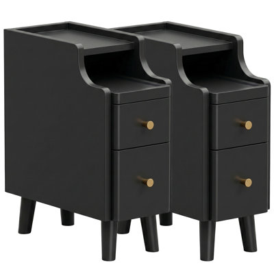 Narrow Nightstand with Drawers, Pre-Assembled Solid Wood Small Skinny Night Stand with Open Sliding Shelf