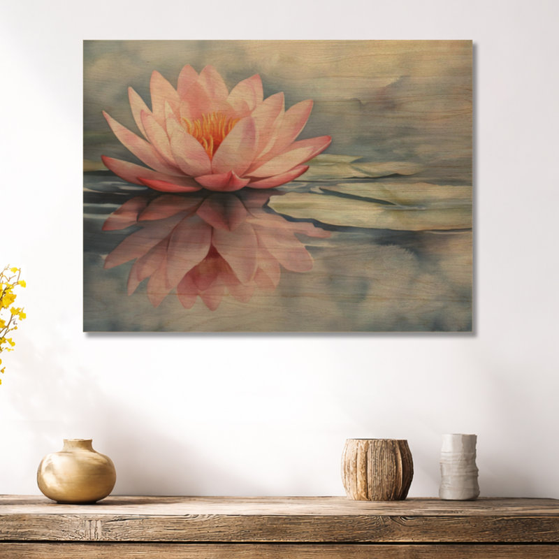 Lotus - Art mural en bois asiatique, H 24 po x l 32 po, Rectangulaire