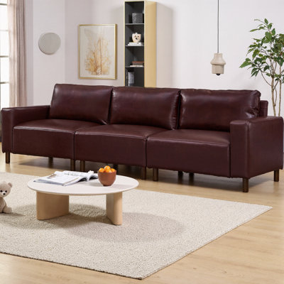 112" Mid-Century Modern Sofa, Upholstered Breathable Faux Leather 3-Seater Couch with Solid Wood Legs, Luxury PU Leather Sofa for Living Room & Apartment (Easy Assembly)