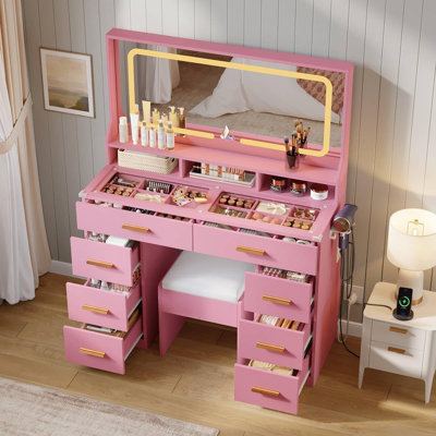 Meuble-lavabo avec miroir DEL de 42 po, 8 tiroirs et 3 tablettes, table de maquillage avec prises de courant et support pour sèche-cheveux