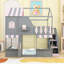 Lit superposé double au-dessus de double avec escalier de rangement, tablettes, toit et porte-129872937
