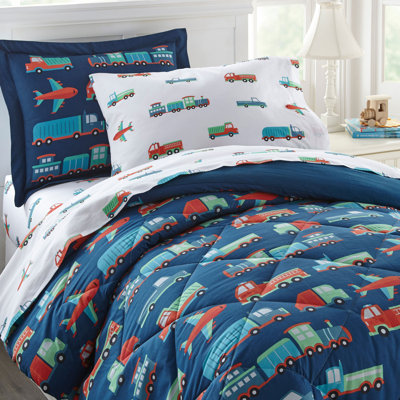 Wildkin 5-Piece Twin Bedding Set – 100% Cotton Comforter, Sheets & Pillowcase for Cozy Cuddles - Transportation 