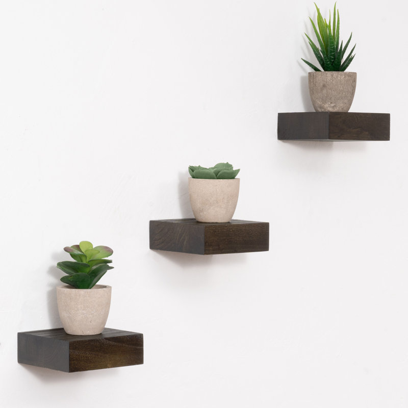 Sylven 3 Piece Rustic Reclaimed Elm Wood Floating Wall Shelves, 1.38" H x 4" W x 4" D, Walnut