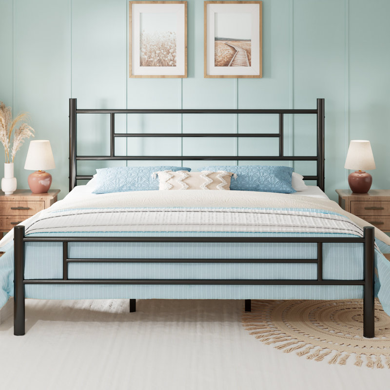 Lit plateforme en métal avec tête et pied de lit de style moderne, sans sommier tapissier, Très grand, Noir