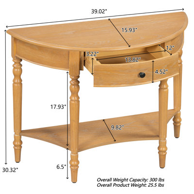 39" Console Table, Half Moon Shape, With Drawer & Shelf, For Entryway, Living Room, Hallway