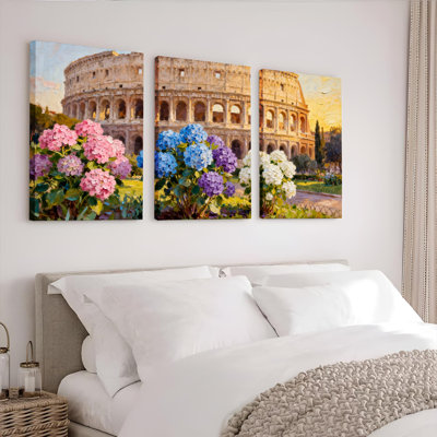 Rome Colosseum with Floral Garden Oil Painting Print Canvas Wrapped Wall Art Set of 3