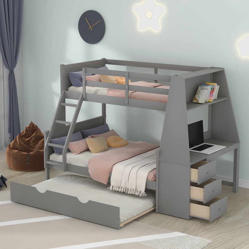 Hattenbrun Kids Twin Over Full Bunk Bed with Trundle with Drawers, Gray