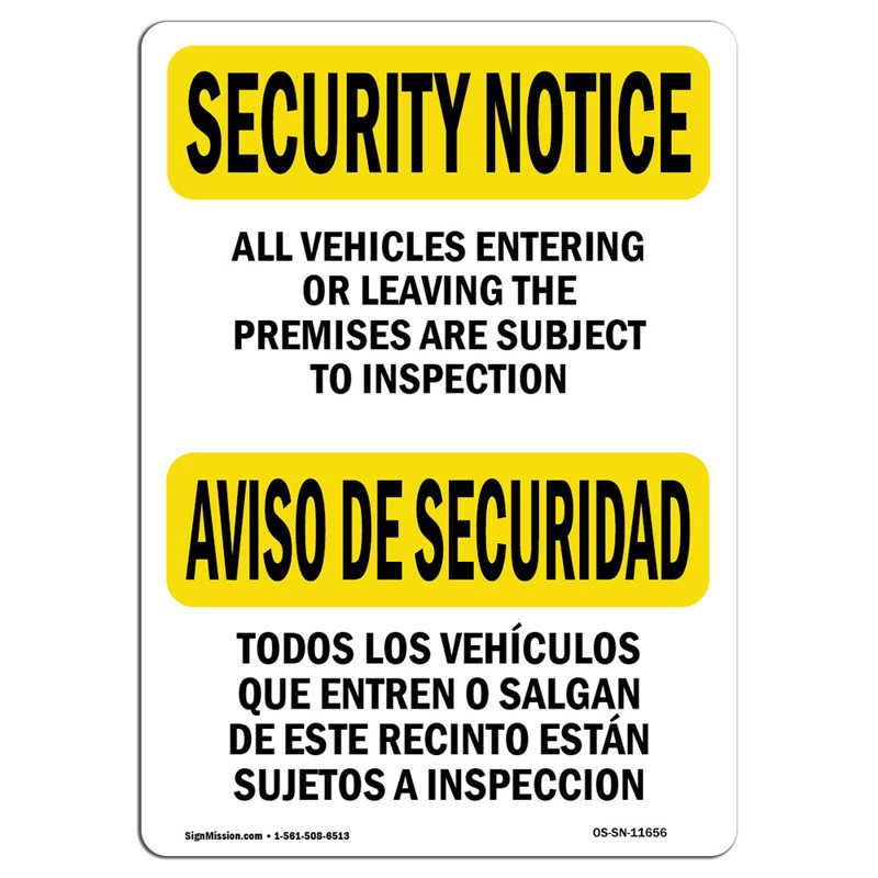 «Véhicule sera inspecté» - panneau en aluminium 12 x 18, H 18 po x l 12 po x P 0,1 po