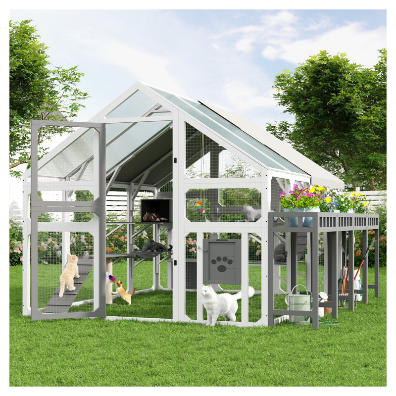 Grande maison pour chat d'extérieur avec support à fleurs - Enceinte de rangement pour chats multiples, cage en bois à plusieurs niveaux avec toit imperméable et plateformes d'escalade