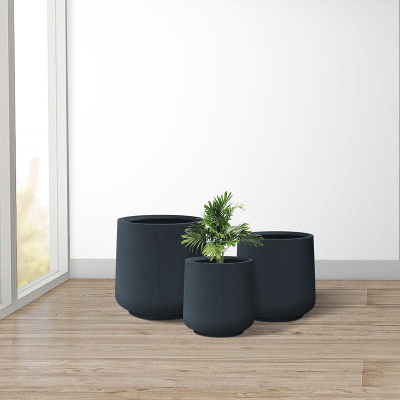 Kante Charcoal Concrete Round Planters with Drainage Holes Set