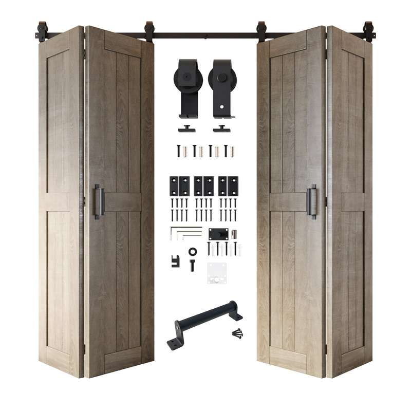 Porte de grange grise classique non assemblée et finie de 84 po de hauteur, quatre portes de 20 po x 84 po avec quincaillerie de fixation supérieure pliable