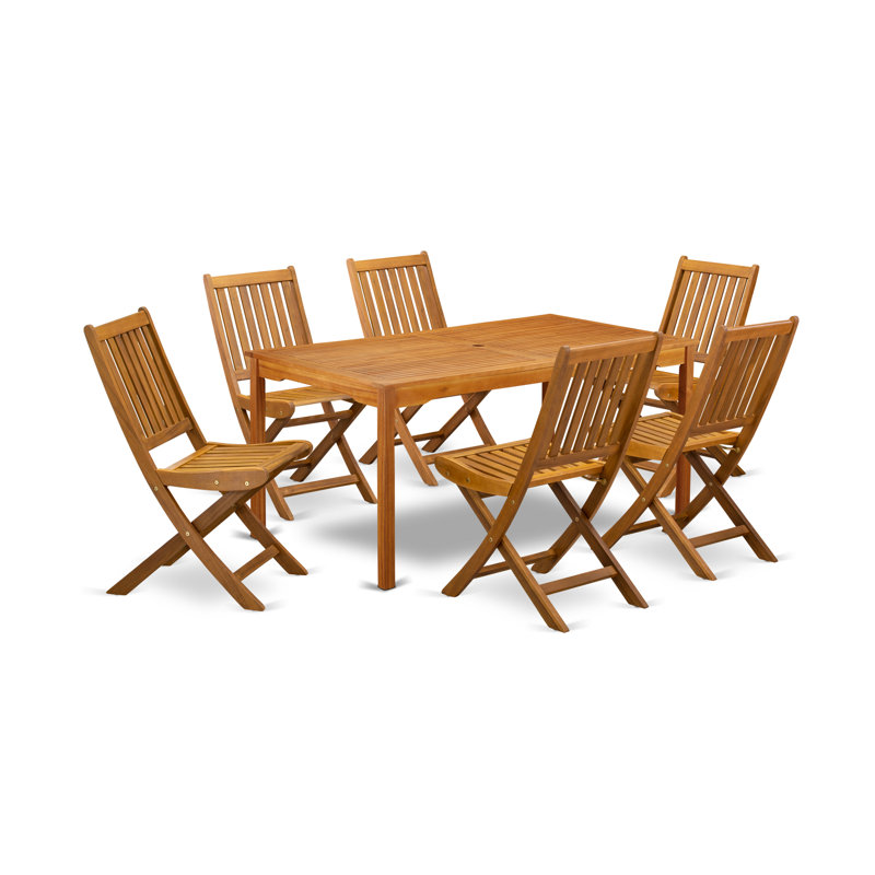 Ensemble de salle à manger 7 pièces pour patio composé d'une table d'extérieur rectangulaire en bois d'acacia et de 6 chaises d'appoint pliantes, 35 x 66 pouces, huile naturelle