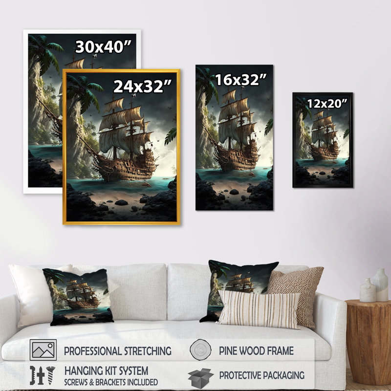 Bateau pirate sur l'océan - reproduction sur toile, H 40 po x l 30 po x P 1,5 po, Impression noire sur toile encadrée