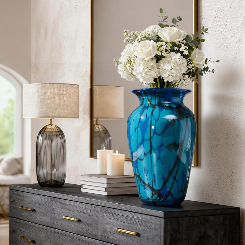Hand-blown peacock blue feather textured colored glass table fashionable vase with glazed glass textured wide-mouth decorative modern vase