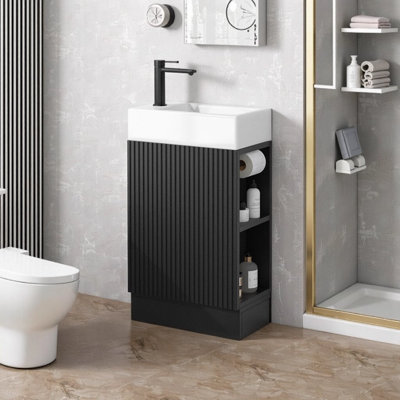Meuble-lavabo simple moderne 18,6 po avec lavabo en céramique et tablette à deux niveaux, armoire en panneau de fibres à densité moyenne noir