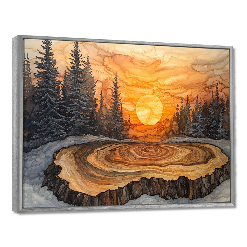 Sunrise Pine Tree on Wooden Tree Slide III - forêt, art mural grand, H 12 po x l 20 po, Picture Framed, Argent argent