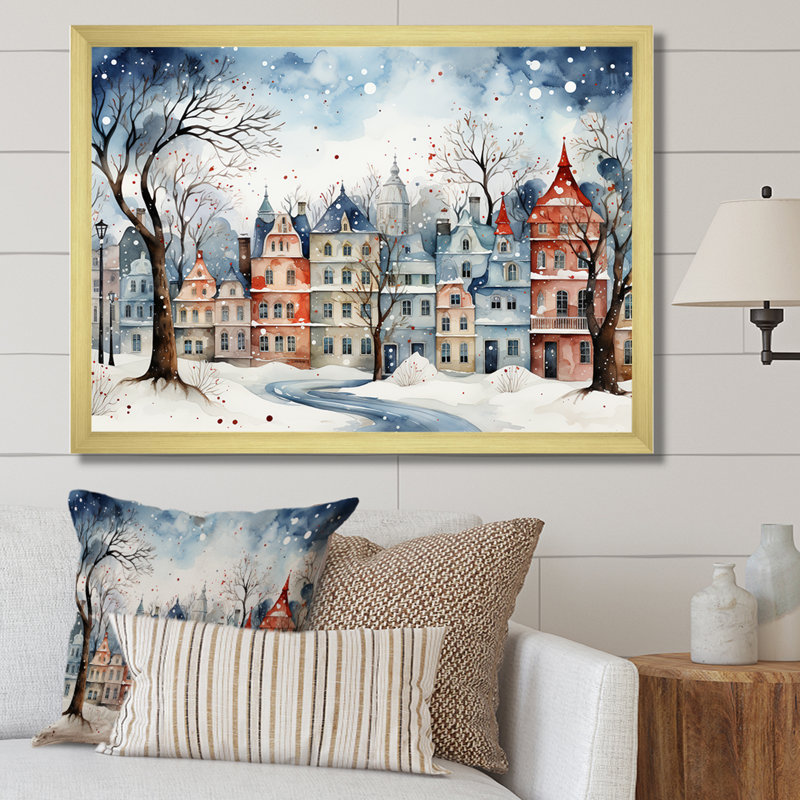 «Christmas village in Winter III - Winter Landscape», art mural encadré, Cadre doré à coins fermés