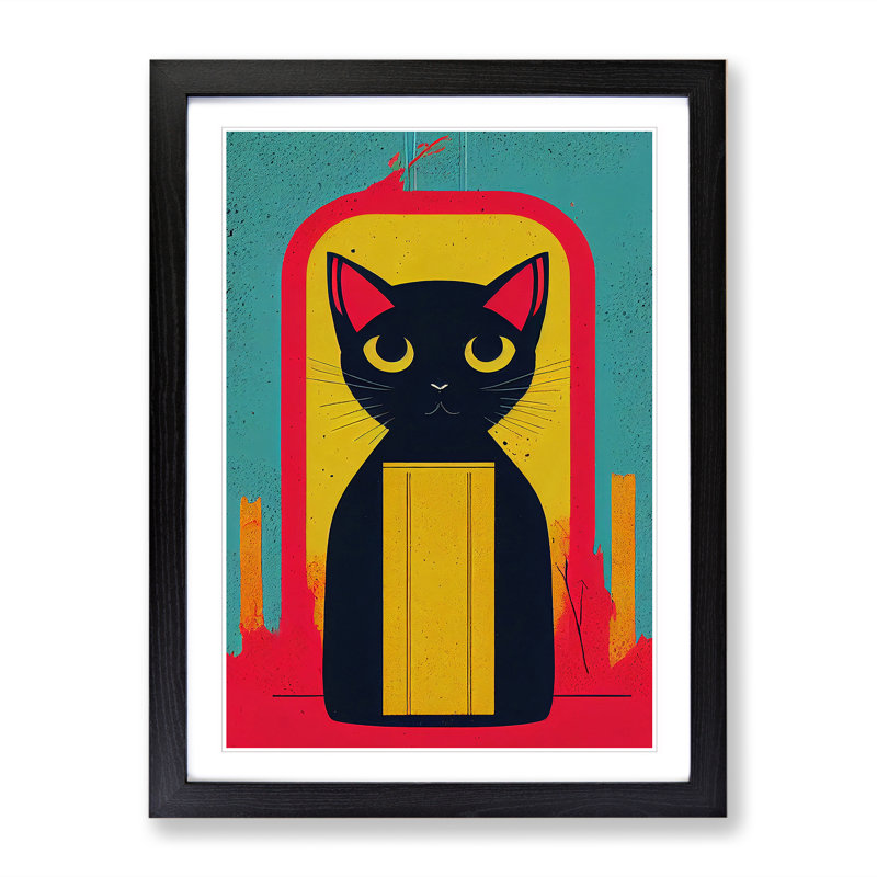 Cute Kitty Cat Abstract - Single Picture Frame Print, Black, 64cm H x 46cm W x 2cm D