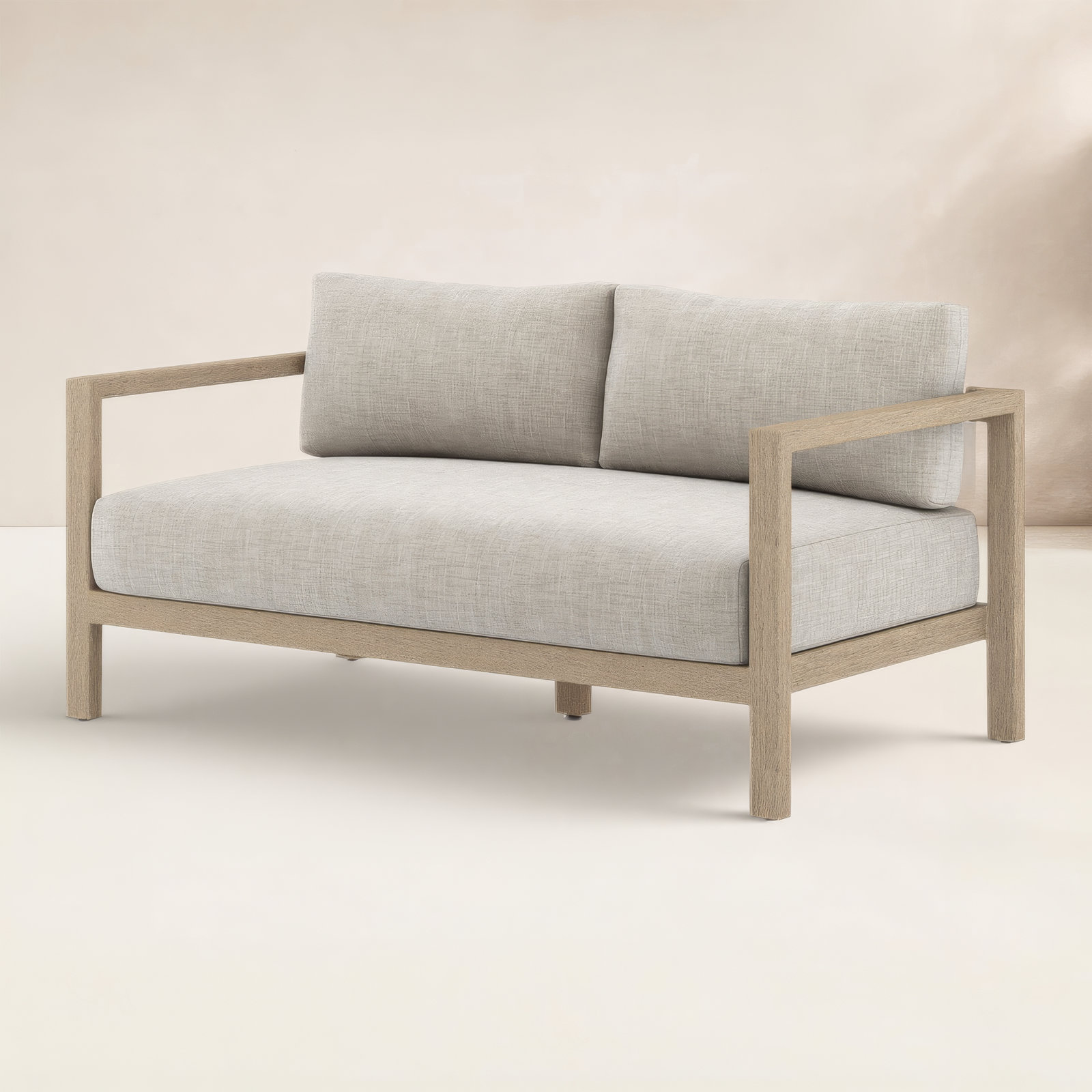 Cavani 59.75'' Wide Teak Loveseat with Cushions, Washed Brown, Stone Gray