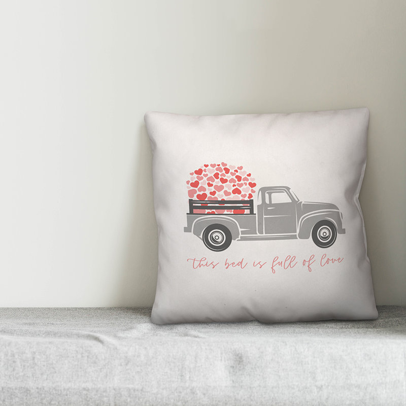 Love Truck Gray and Red Spun Polyester Square Throw Pillow